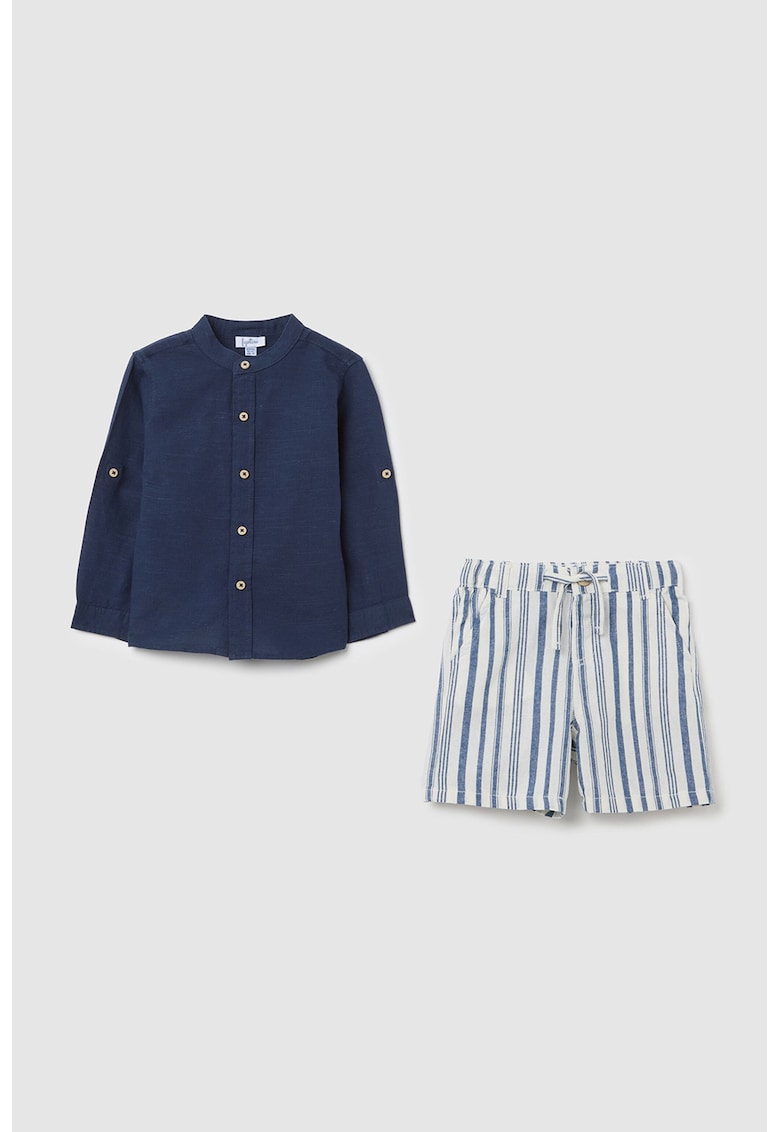 Set de pantaloni scurti si camasa din bumbac si in - Alb/Bleumarin