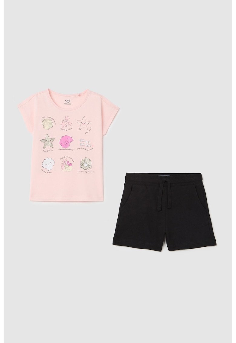 Set de pantaloni scurti si tricou din bumbac cu imprimeu - Negru/Roz pal