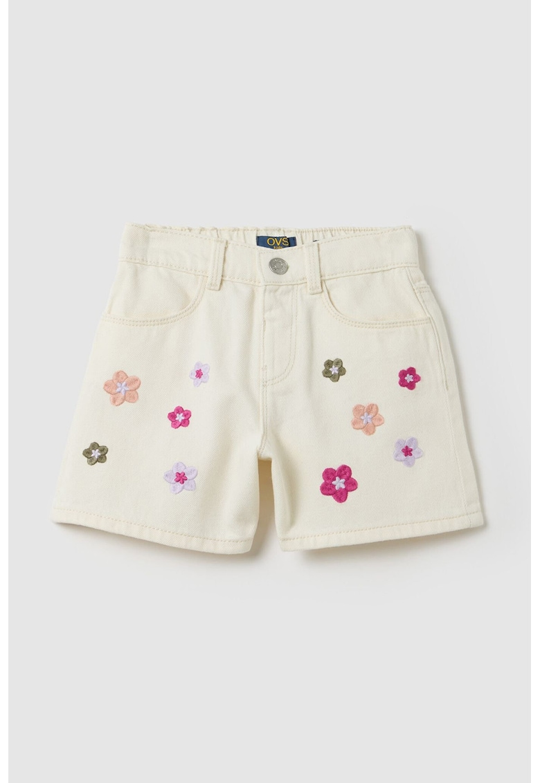 Blugi scurti cu broderie florala - Alb fildes/Kaki/Roz