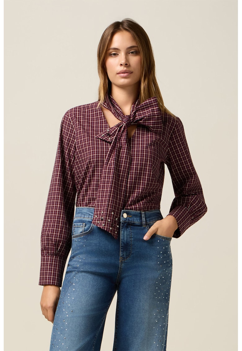Bluza in carouri cu funda - Alb/Visiniu
