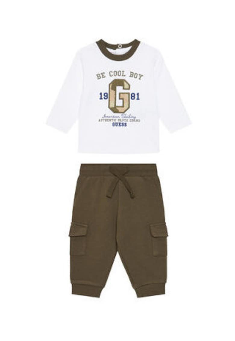 Set de bluza cu imprimeu text si pantaloni cu buzunare cargo