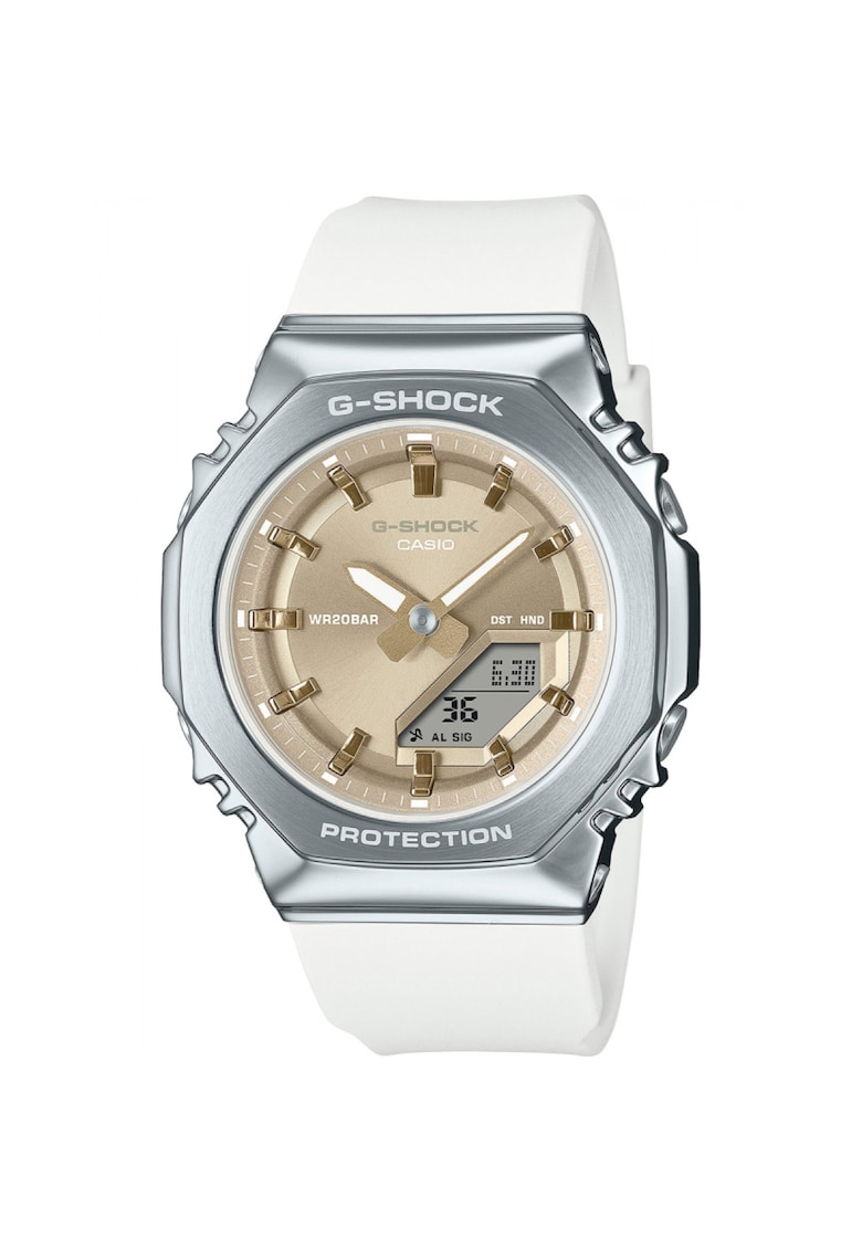 Ceas G-SHOCK  40 mm - curea alba din cauciuc - carcasa din inox - cadran auriu - rezistent la apa 20 ATM