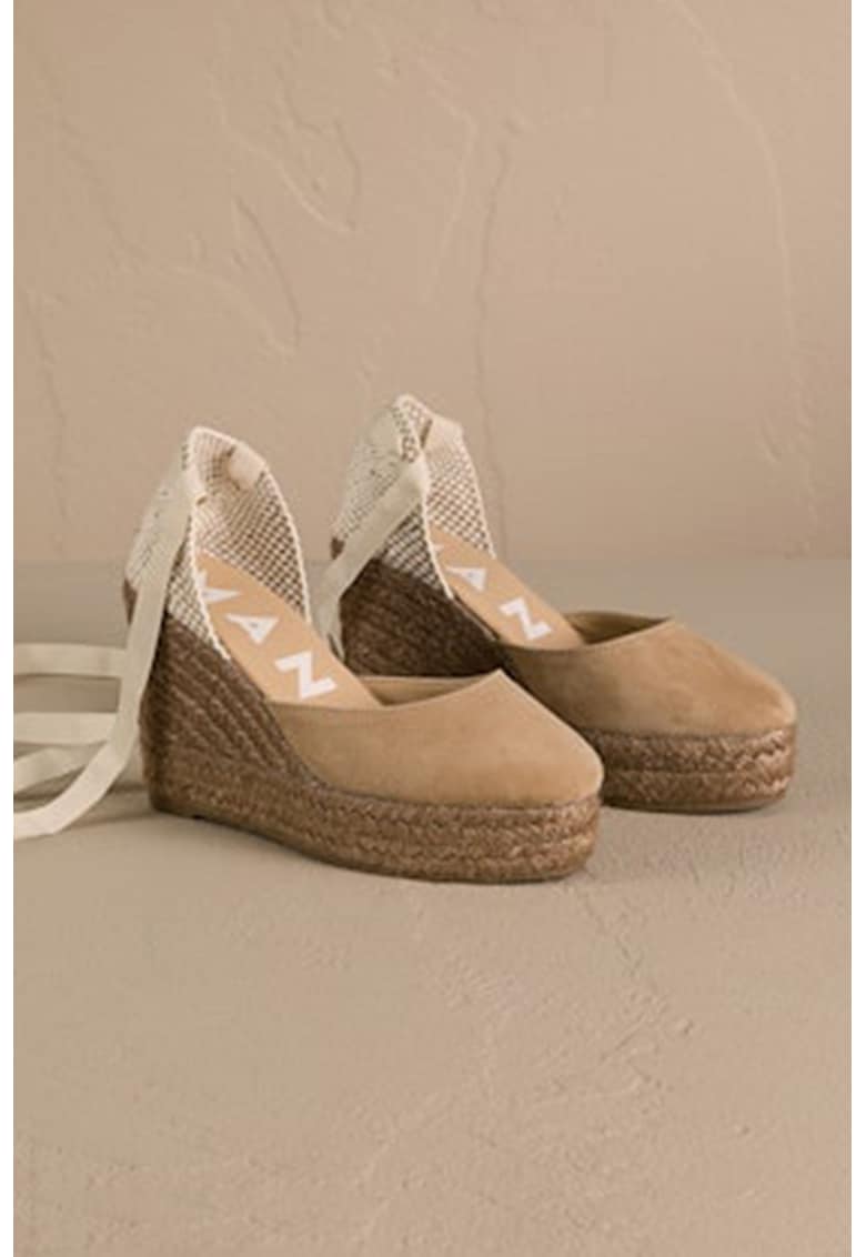 Sandale wedge de piele cu bareta infasurabila - Alb fildes/Maro taupe deschis