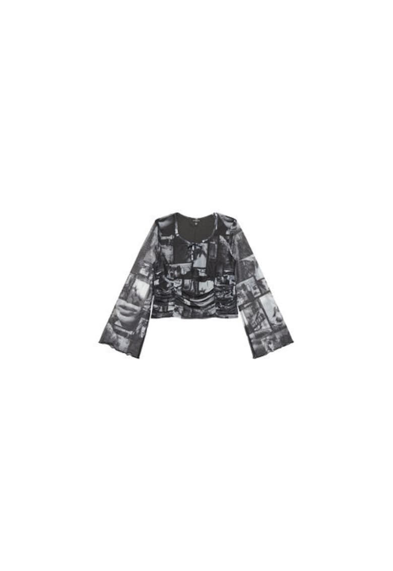Bluza cu decolteu cu funda si model grafic