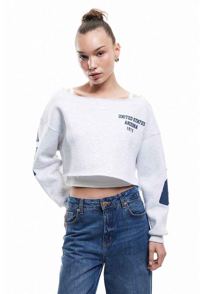 Bluza de trening crop cu croiala lejera - Albastru inchis/Gri melange