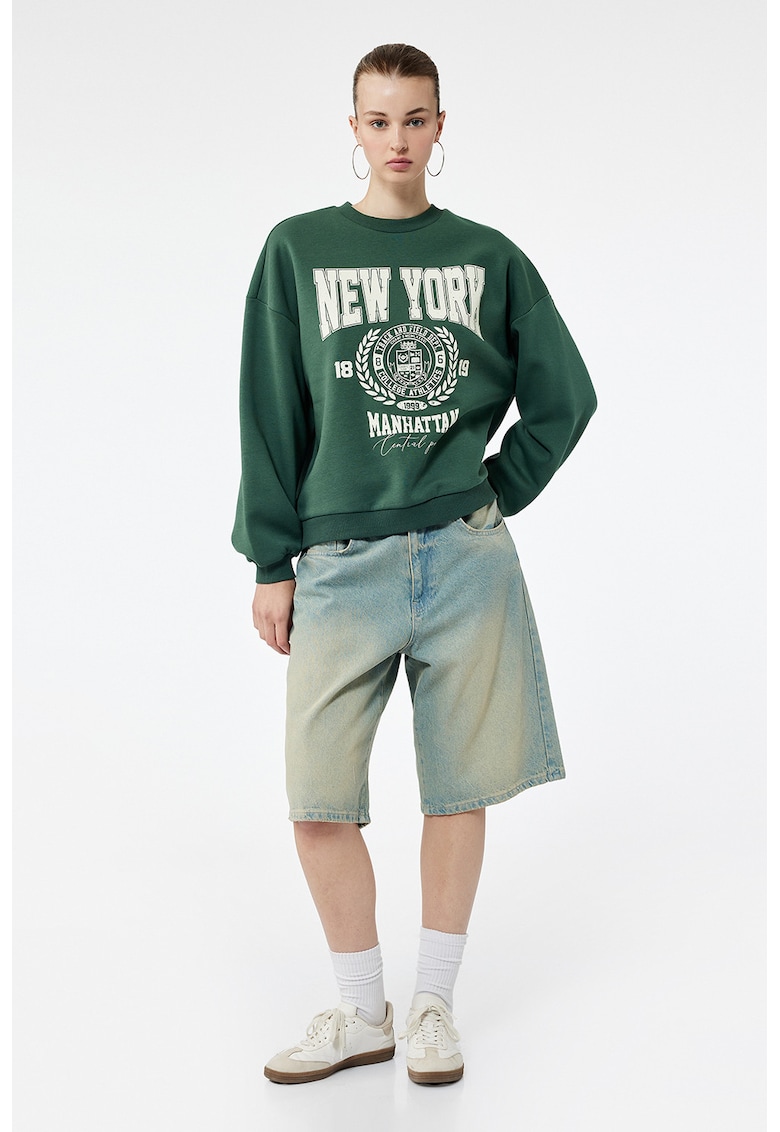 Bluza de trening relaxed-fit cu imprimeu - Alb fildes/Verde feriga