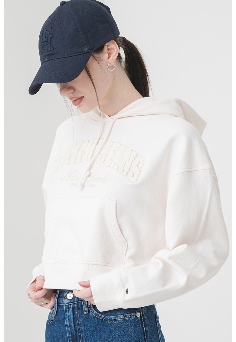 Hanorac crop cu logo brodat - Crem