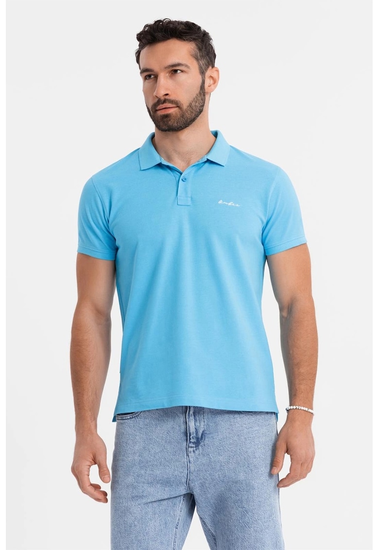 Tricou regular fit de bumbac cu guler polo - Albastru deschis
