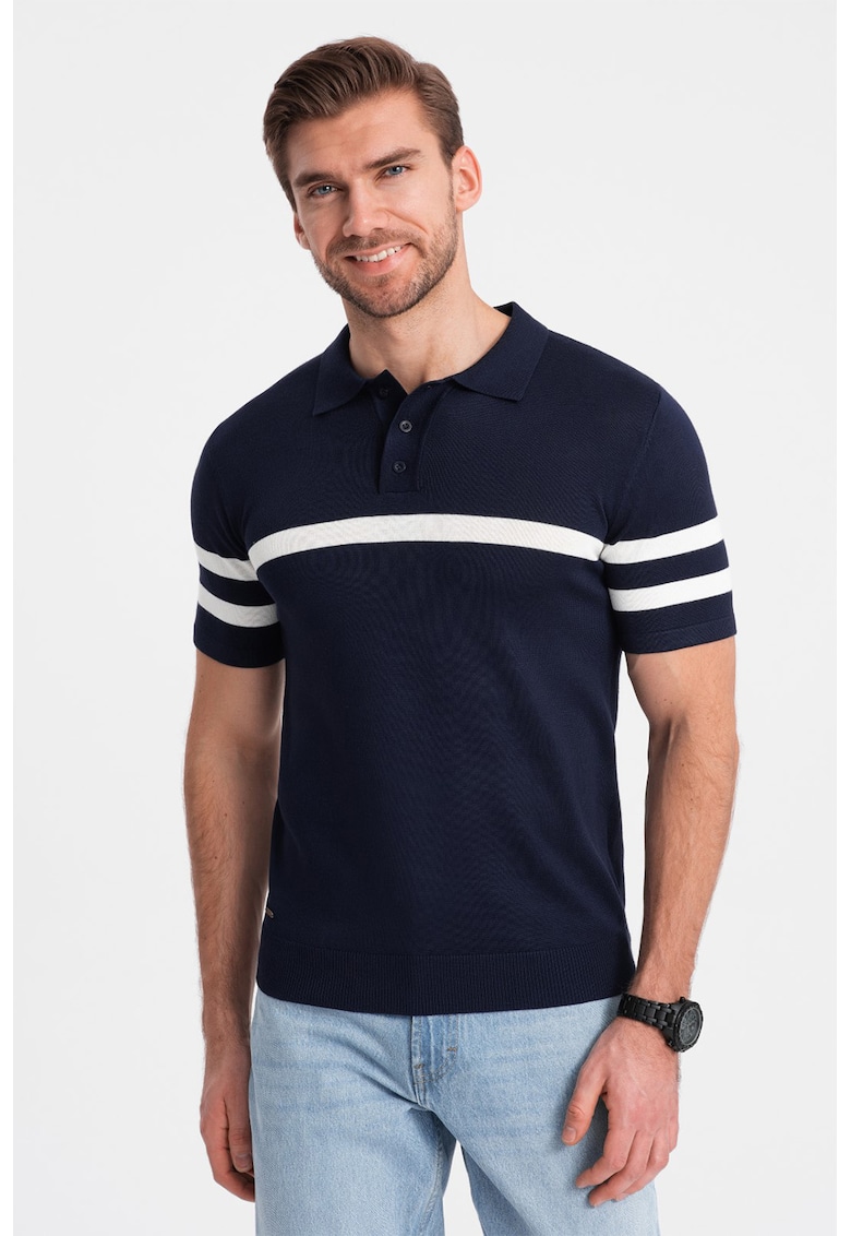 Tricou polo cu dungi contrastante - Bleumarin