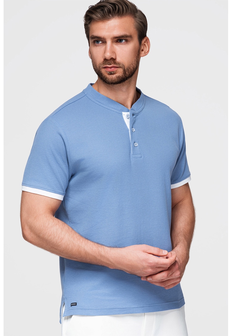 Tricou de bumbac cu fenta cu nasturi - Albastru pastel