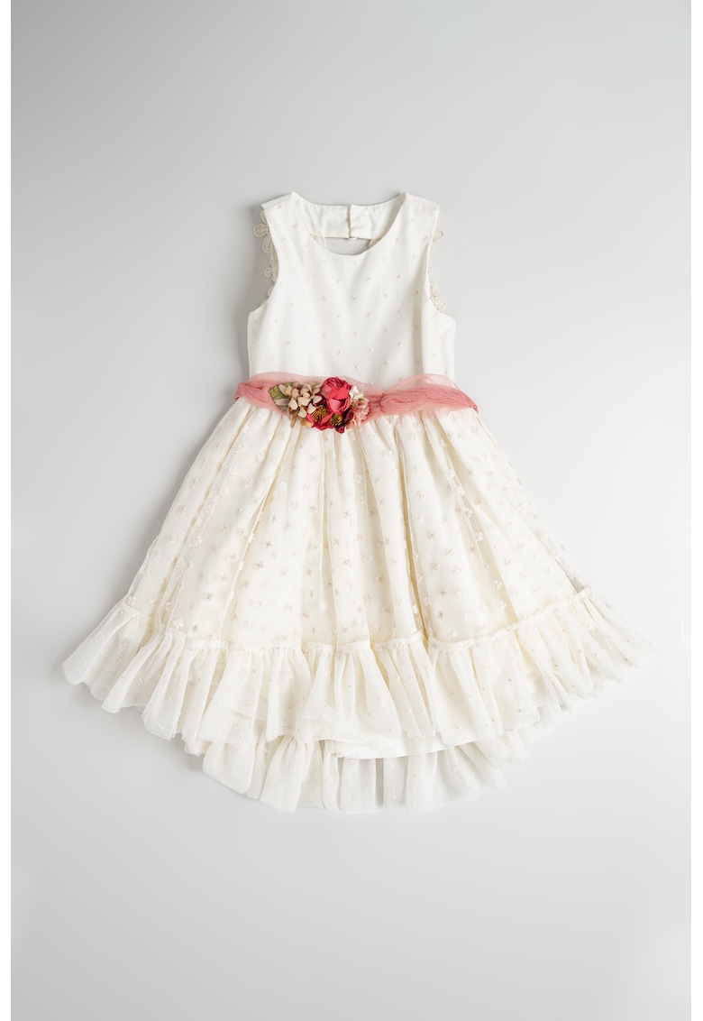 Rochie evazata cu detalii brodate - Alb fildes/Roz