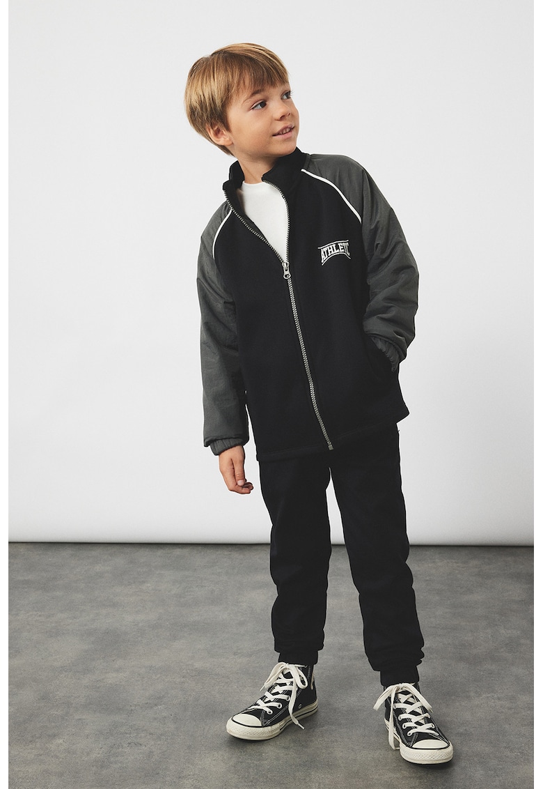 Bluza de trening cu design text si fermoar - Negru/Gri inchis