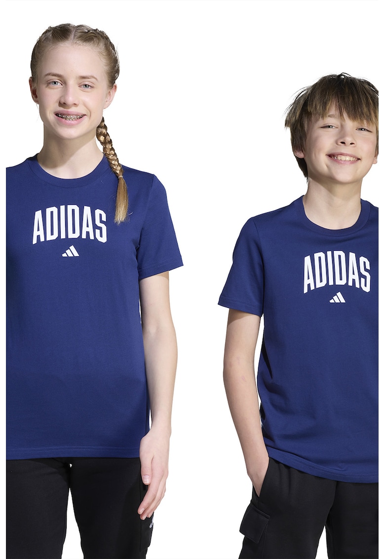 Tricou din bumbac cu decolteu la baza gatului si logo - Albastru inchis
