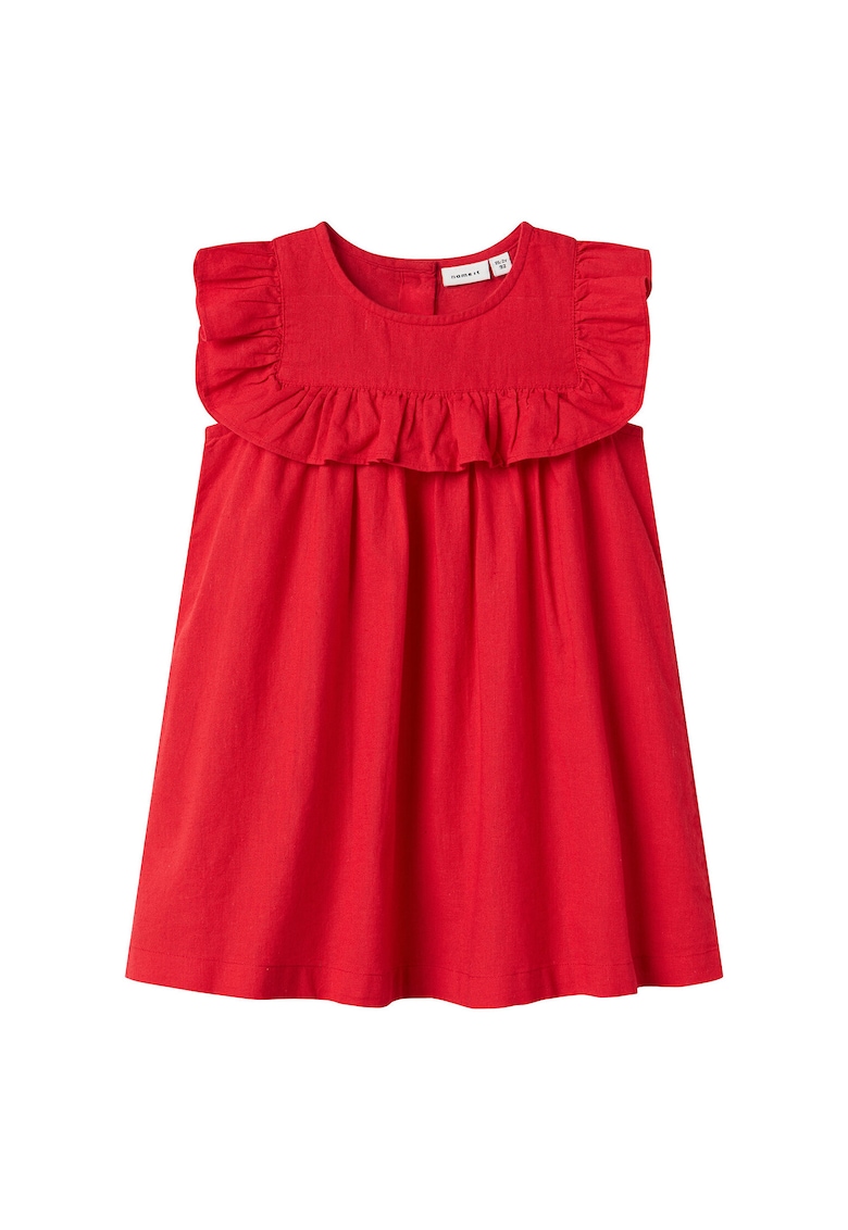 Rochie din bumbac si in - cu volanase - Rosu