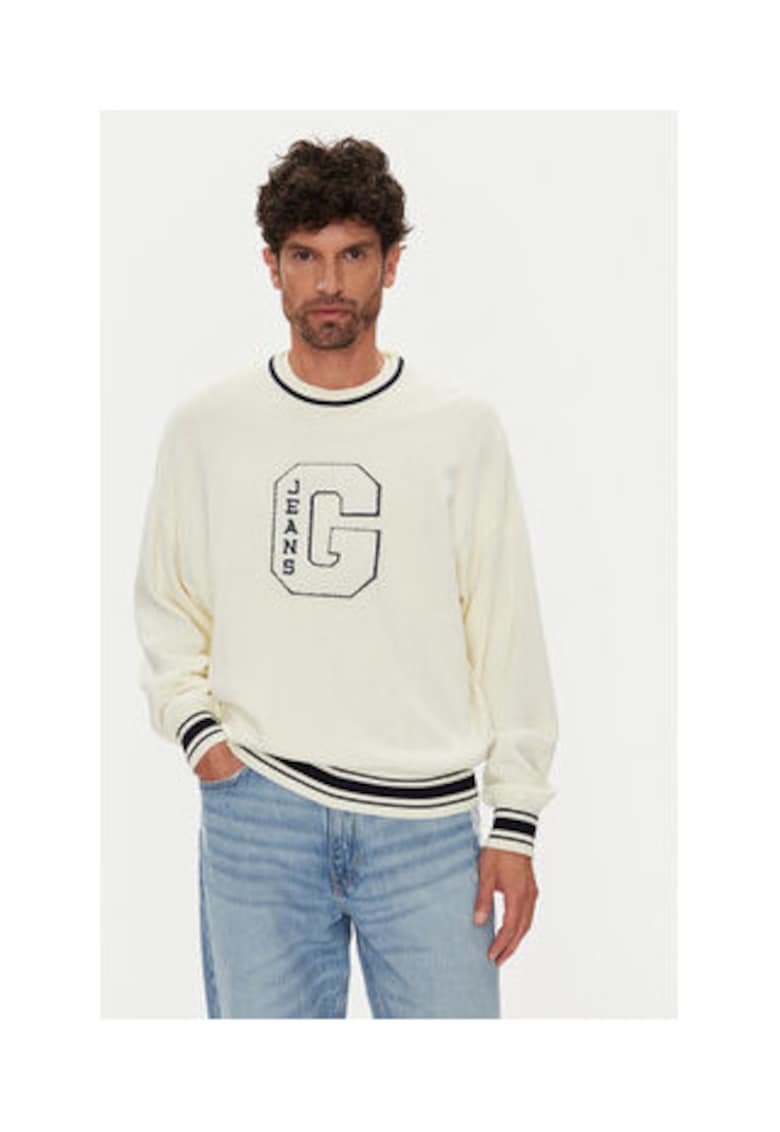 Pulover din bumbac cu decolteu la baza gatului si mansete cu model colorblock