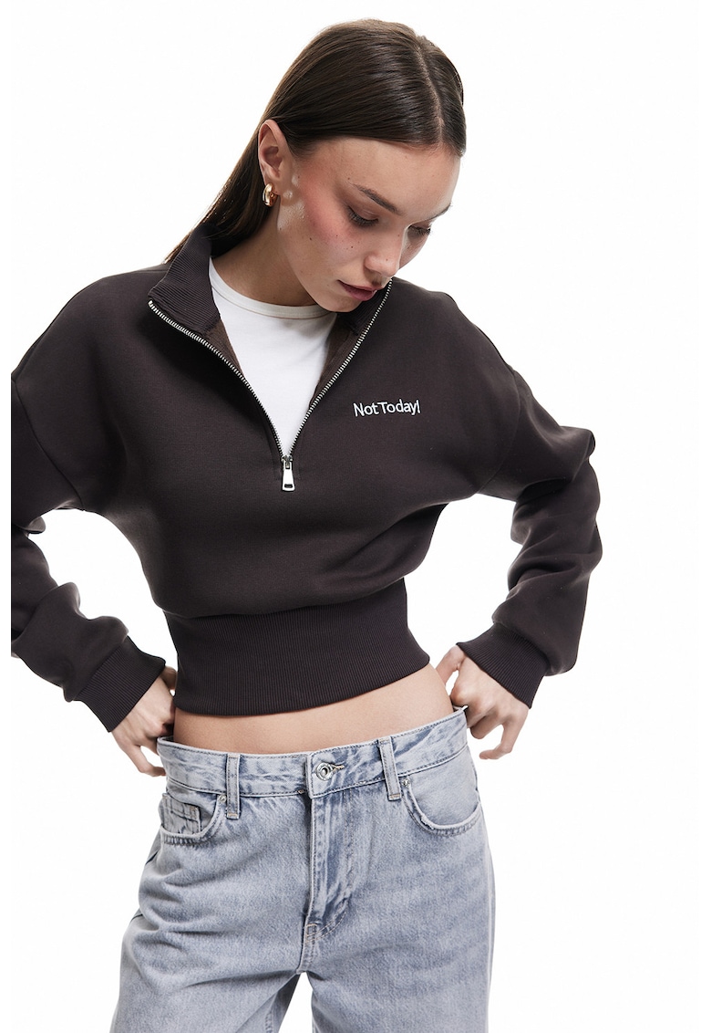Bluza de trening crop cu fenta cu fermoar - Maro inchis