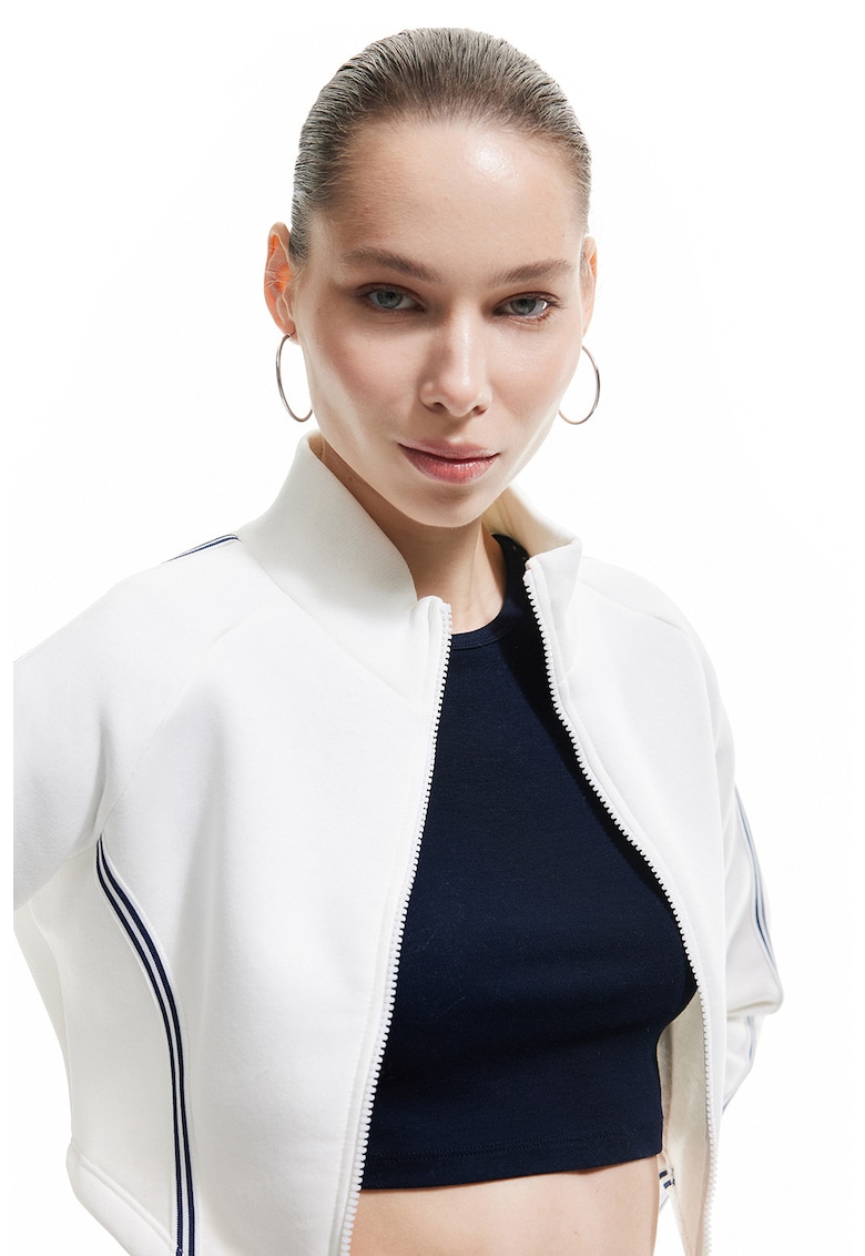 Bluza de trening crop cu fermoar si guler mediu - Alb fildes/Negru