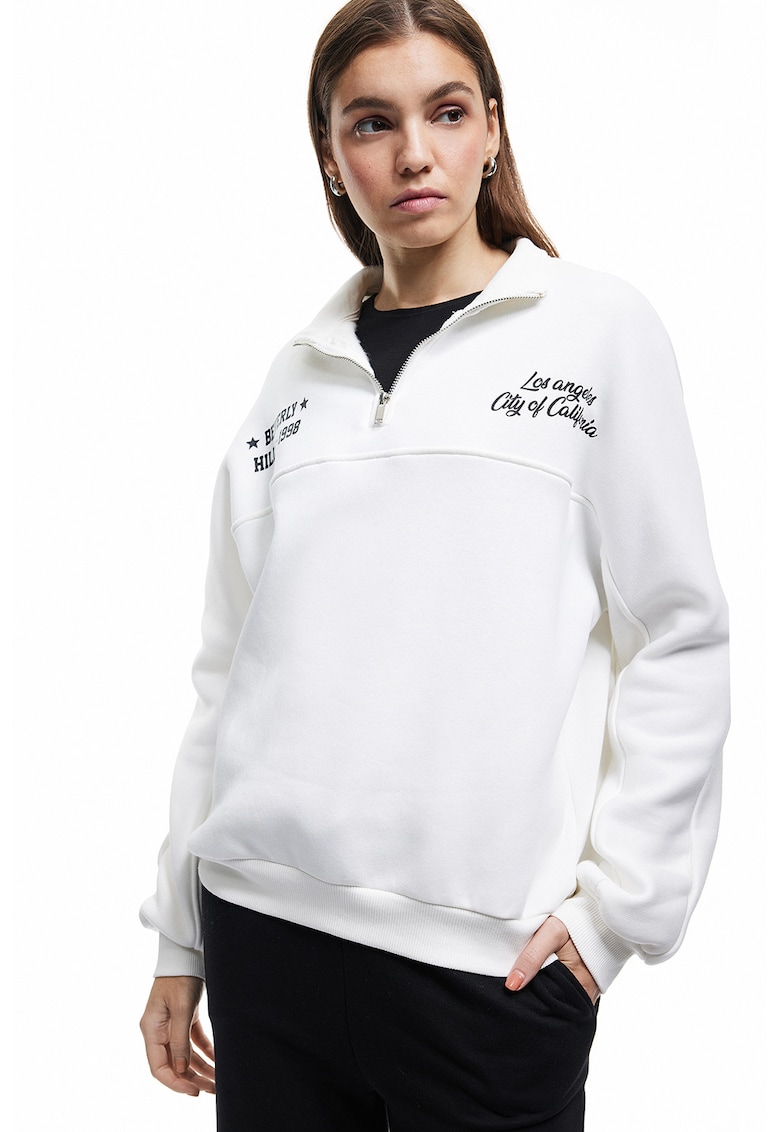 Bluza de trening supradimensionata cu imprimeu text pe partea din spate - Alb fildes/Negru