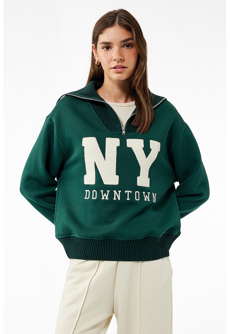 Bluza de trening cu imprimeu si maneci cazute - Verde inchis