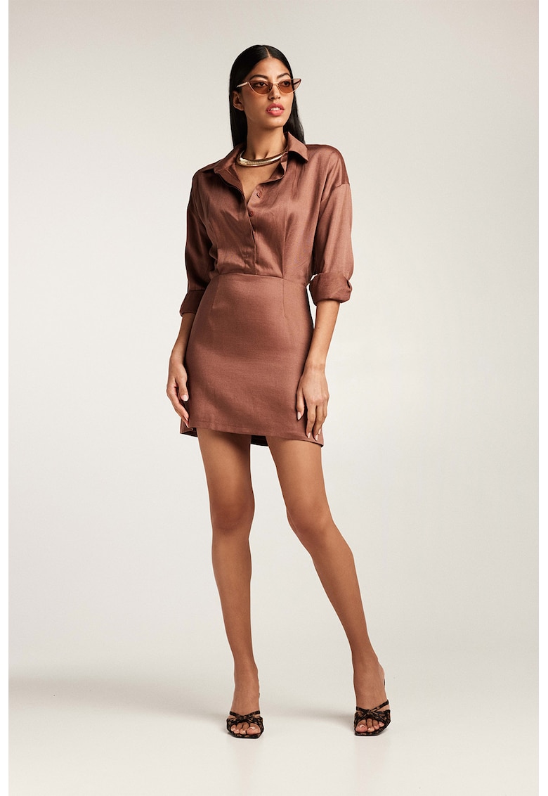 Rochie scurta din amestec de in - Maro cognac