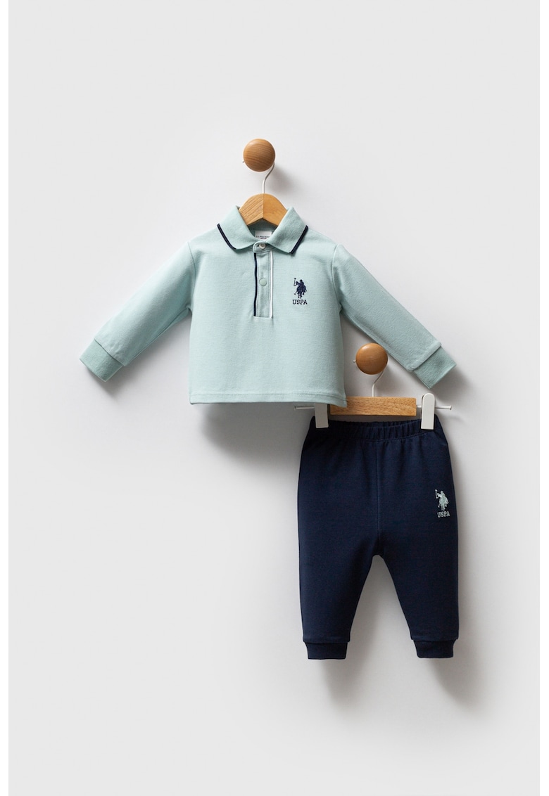 Set de bluza polo din bumbac si pantaloni de trening relaxed-fit - 2 piese - Verde pal/Bleumarin