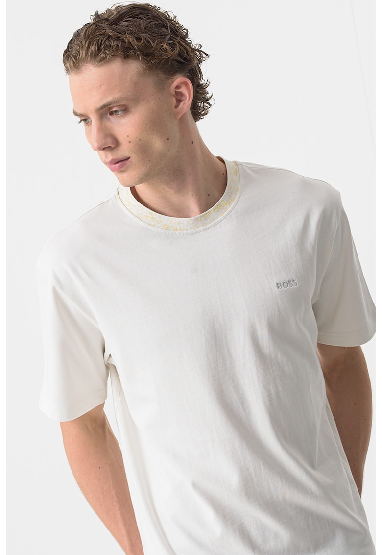 Tricou de bumbac cu decolteu la baza gatului - Galben pal/Alb murdar