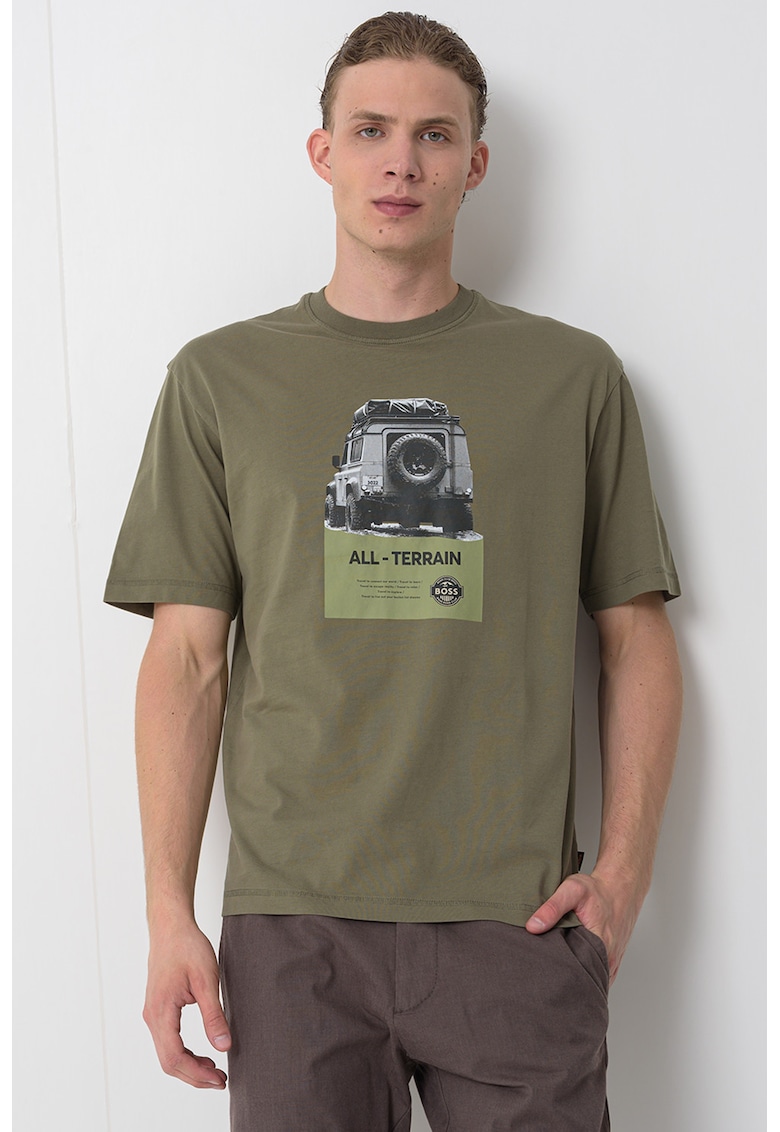 Tricou lejer de bumbac cu imprimeu foto - Verde feriga