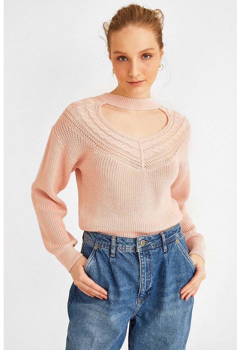 Pulover din amestec de bumbac cu decupaj - Roz pastel