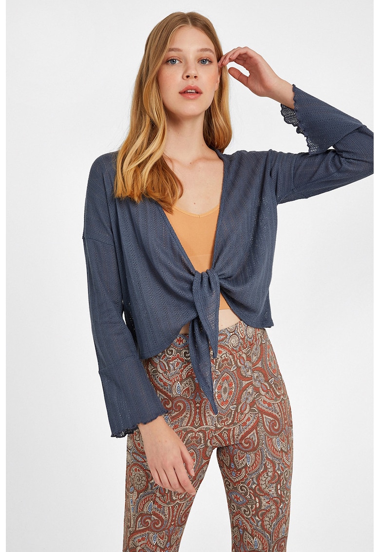 Cardigan crop cu snur frontal - Albastru prafuit
