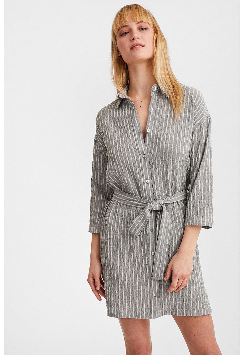 Rochie cu model in dungi si cordon in talie - Alb/Gri deschis
