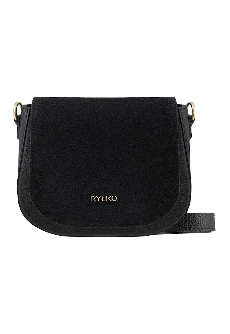 Geanta crossbody cu clapa din piele intoarsa - Negru stins