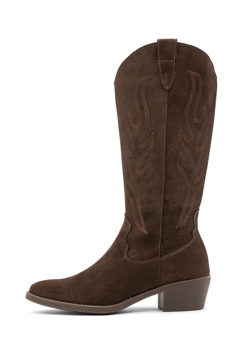 Cizme mid-calf cowboy din piele intoarsa Leyla - Maro inchis