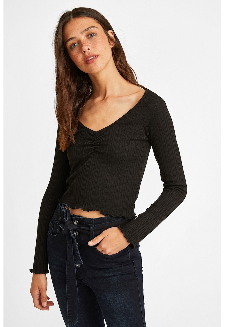 Pulover crop tricotat fin - Negru