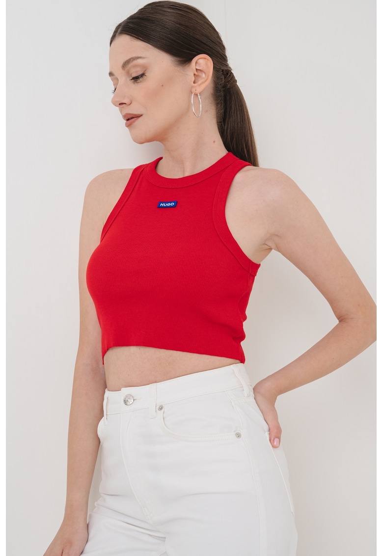 Top crop striat cu detaliu logo - Alb/Albastru royal/Rosu vermillion