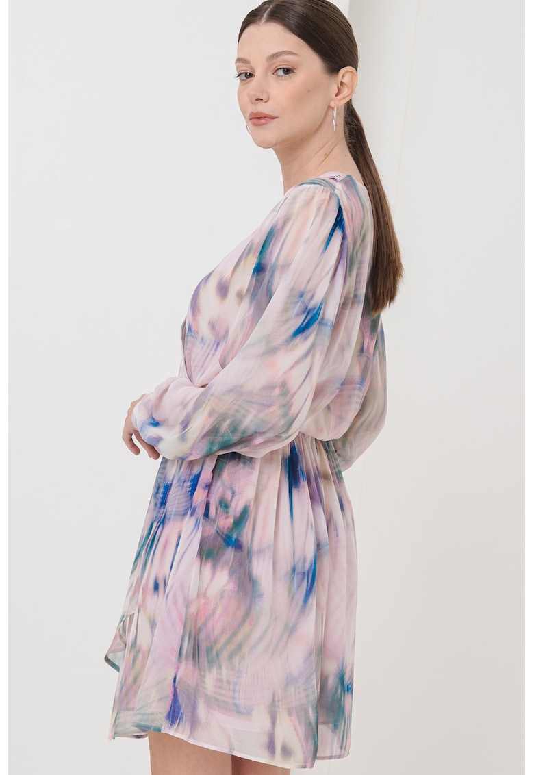 Rochie scurta cu croiala in A - model tie-dye si maneci lungi - Verde/Albastru pal