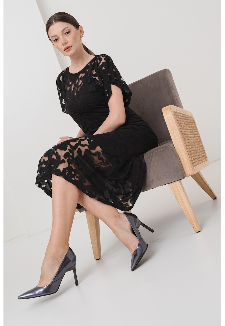 Rochie midi cu strat exterior floral si fronseu lateral - Negru stins