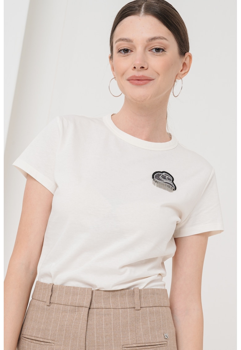 HUGO - Tricou de bumbac cu imprimeu - Alb/Negru stins/Argintiu