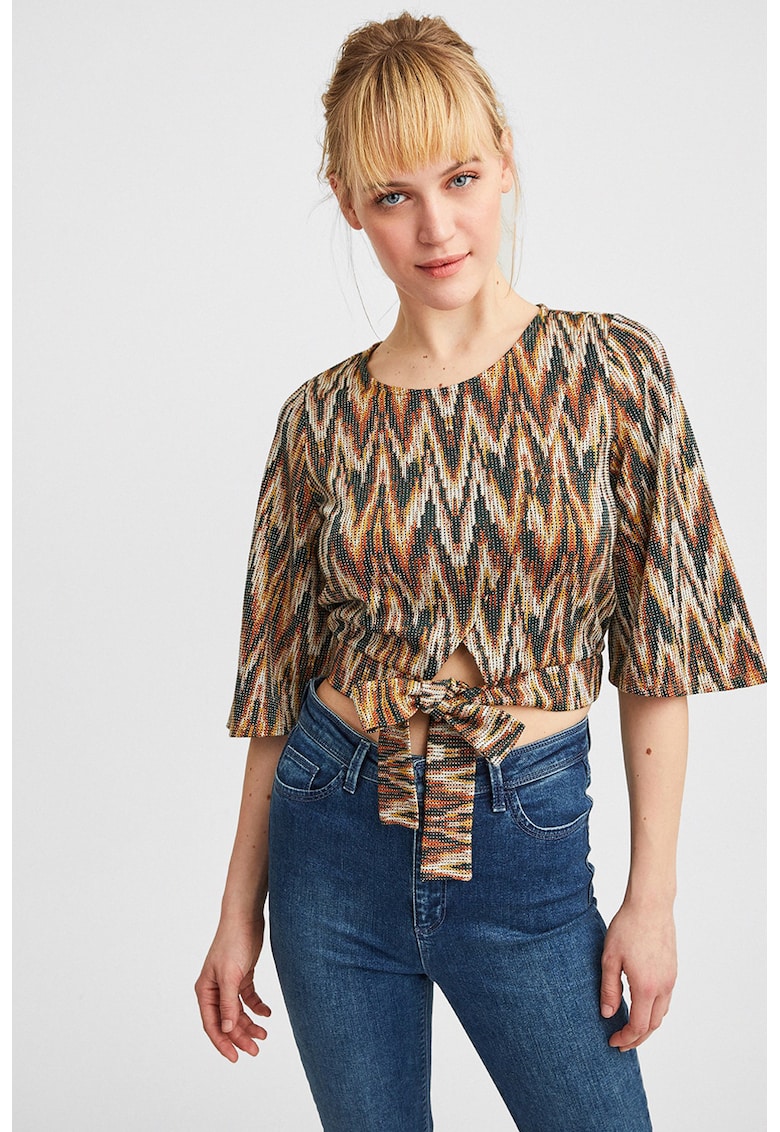 Bluza crop cu prindere la terminatie - Portocaliu/Alb murdar/Bleumarin