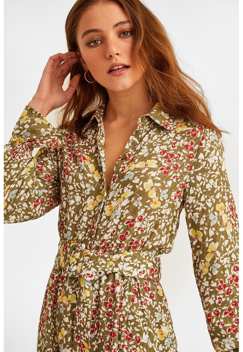 Rochie cu model floral si terminatie asimetrica - Rosu/Galben/Kaki