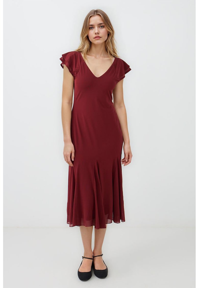 Rochie midi cu decolteu in V - Rosu inchis