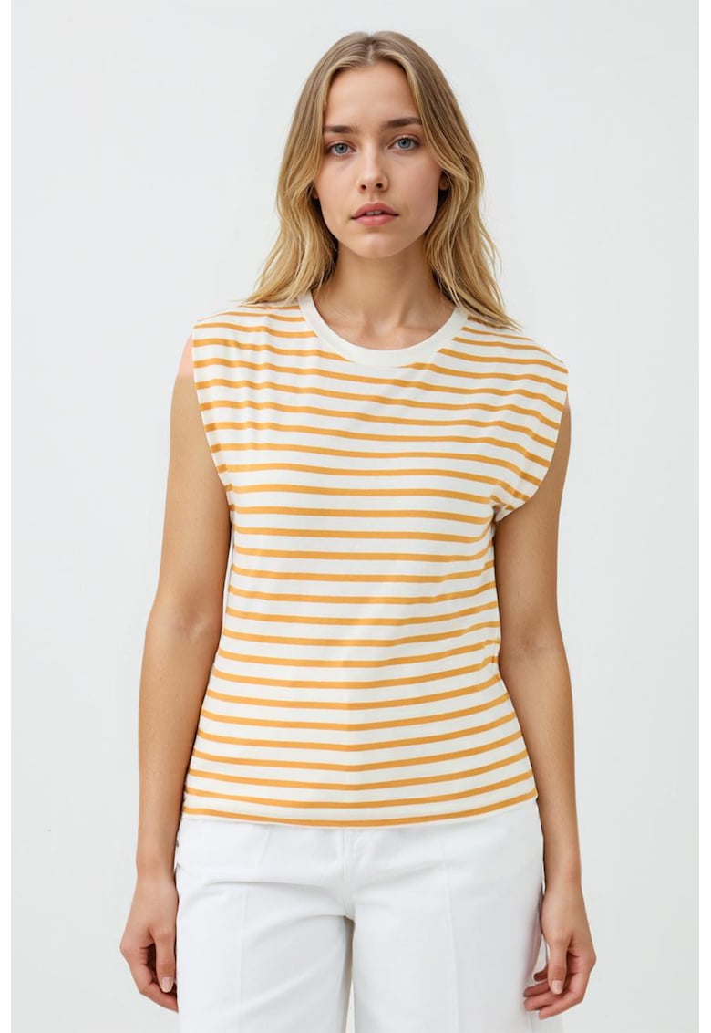 Tricou cu decolteu la baza gatului si dungi - Portocaliu/Alb murdar