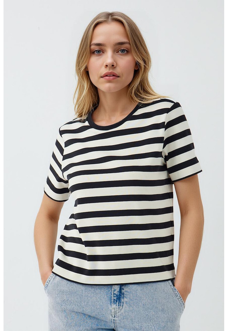 Tricou cu dungi si decolteu la baza gatului - Negru/Alb murdar