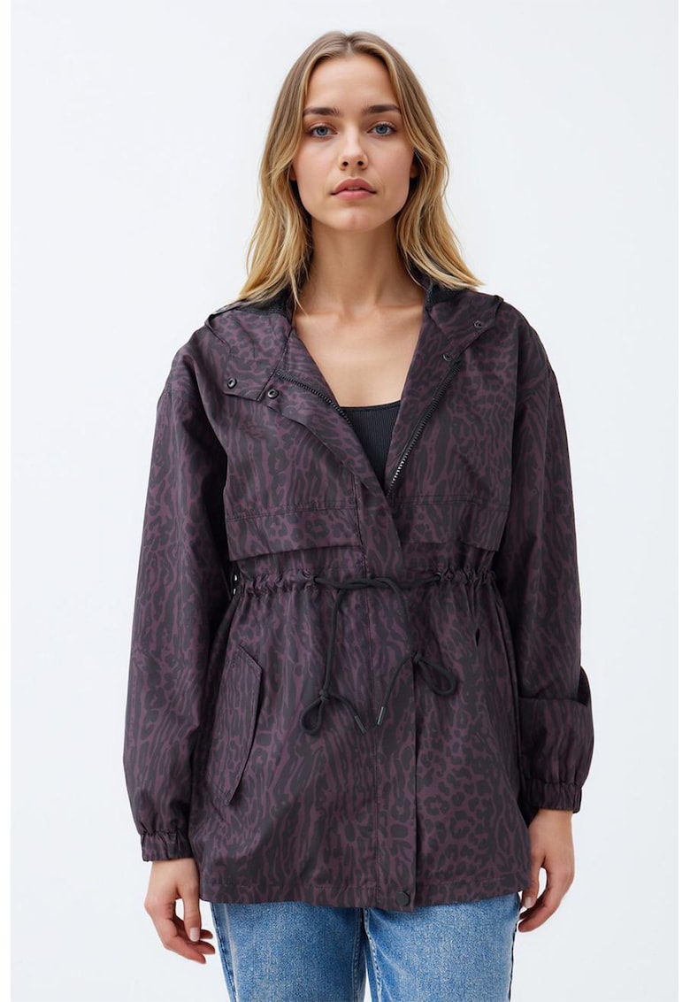Jacheta cu gluga si animal print - Negru stins/Violet pruna