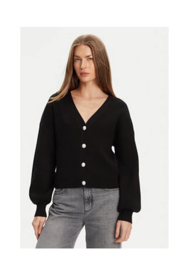 Cardigan relaxed fit din amestec de viscoza cu nasturi bijuterie si decolteu in V