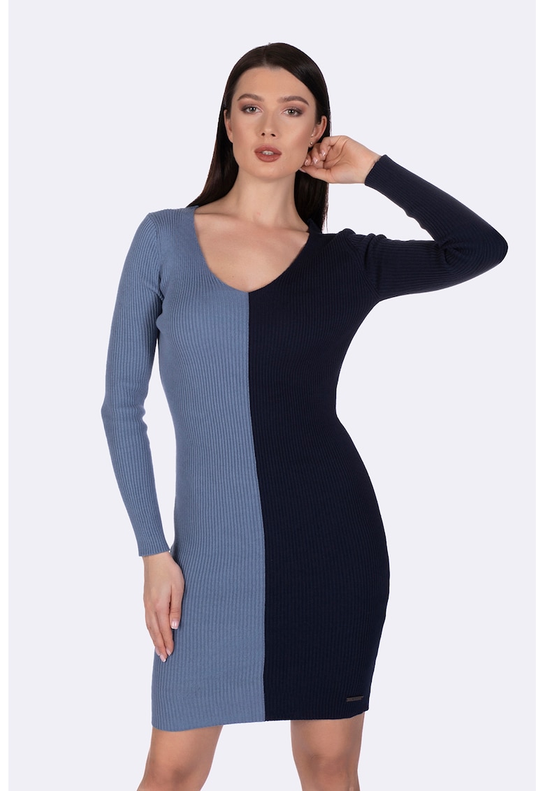 Rochie cu aspect striat si model in doua nuante - Albastru