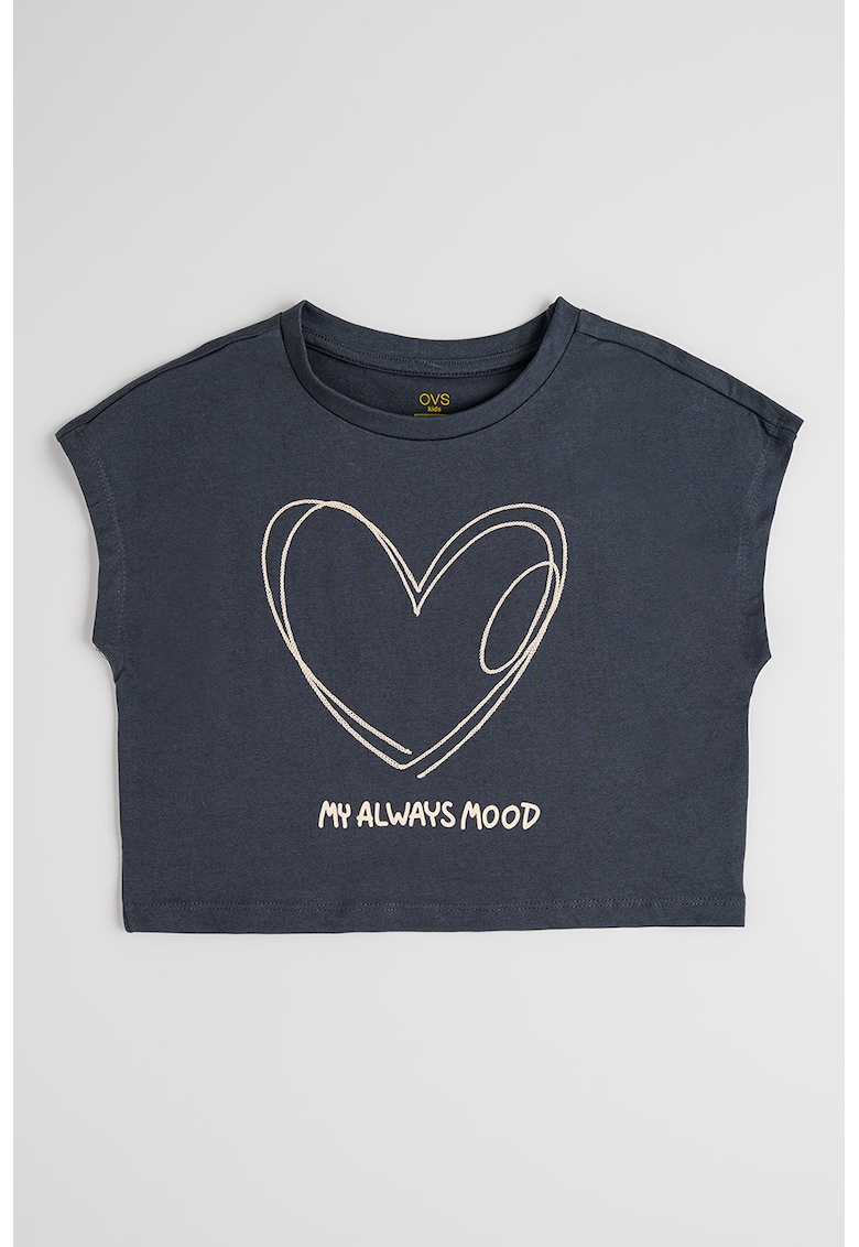 Tricou crop de bumbac cu imprimeu - Gri antracit