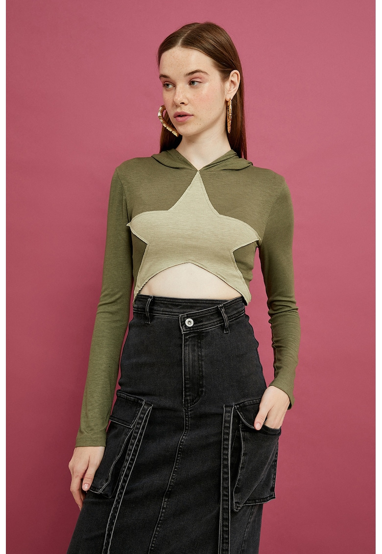 Hanorac crop cu aplicatie stea - Bej/Kaki