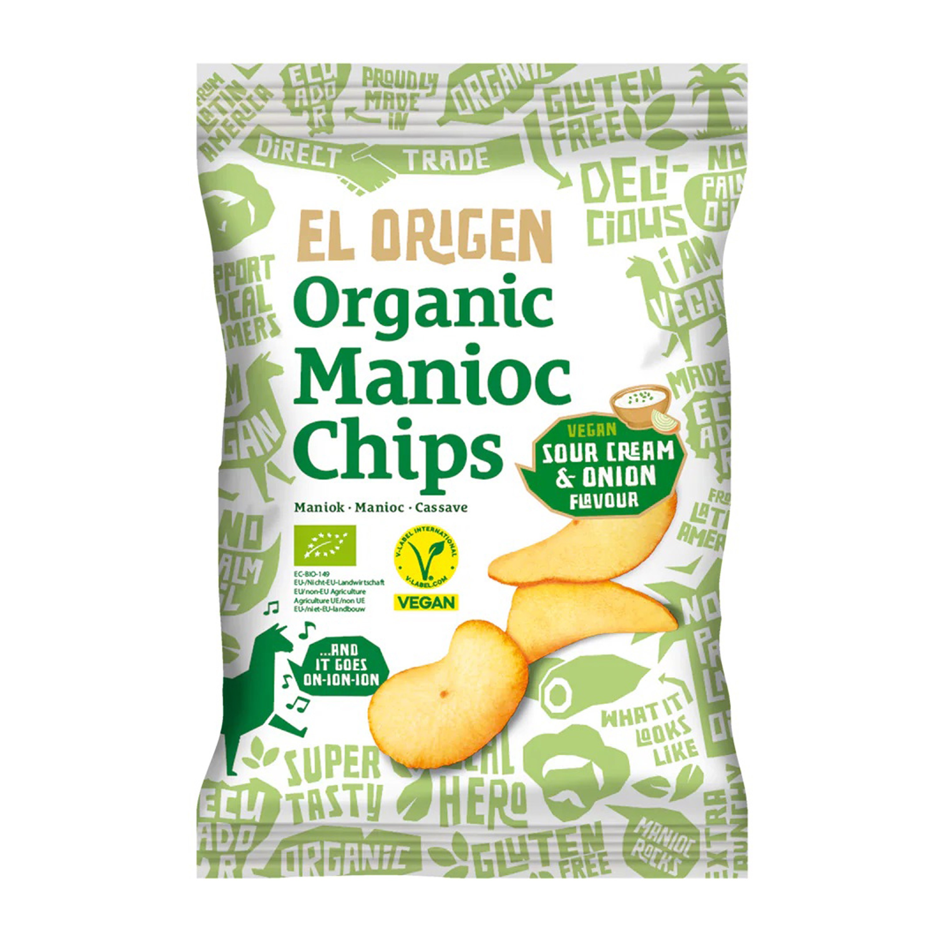 Chipsuri bio de Manioc cu aromă de smântână vegană și ceapă, 60g El Origen
