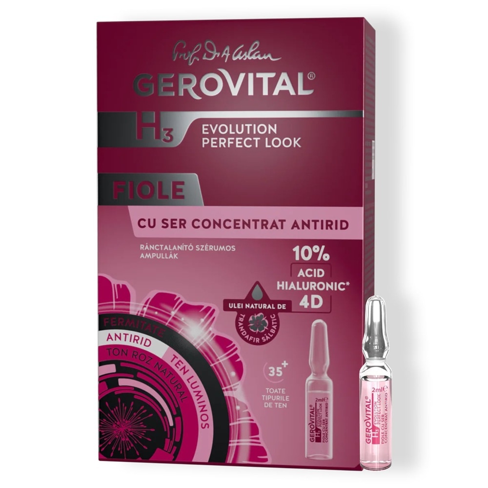 Fiole cu ser concentrat antirid cu Acid Hialuronic 10% 4D H3 Evolution Perfect Look Gerovital, 10 fiole x 2 ml