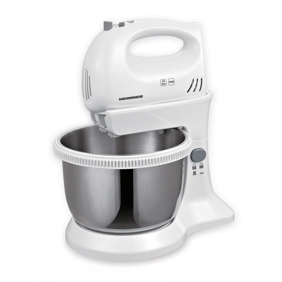 Mixer cu bol Heinner HMBR-300W, Bol rotativ din inox, 3.4 L, 300W, 5 viteze + Turbo, Alb